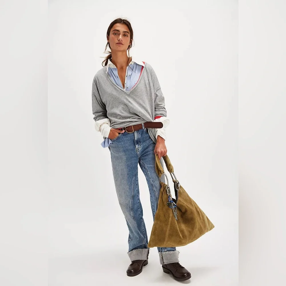 NWT FREE PEOPLE Bobbi Slouch Suede Tote | Sand MSRP $98 - Picture 6 of 11